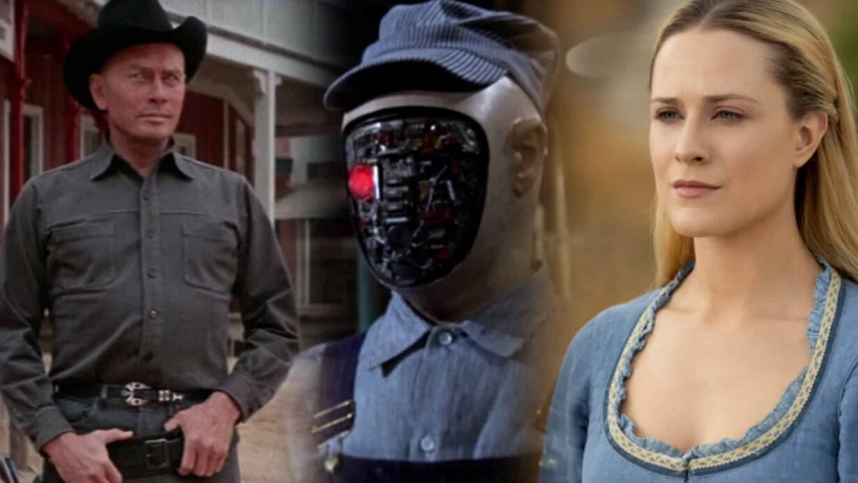 Personnages de style western avec un robot humanoïde au centre