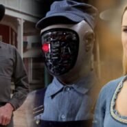 Personnages de style western avec un robot humanoïde au centre