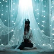 Personne avec un casque VR entourée de voiles lumineux