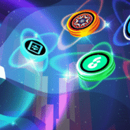 Personne avec casque VR explorant des cryptomonnaies flottantes