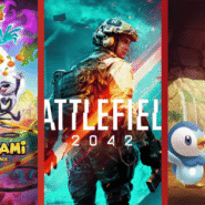 Trois affiches de jeux vidéo : Marsupilami, Battlefield 2042 et un jeu d'aventure