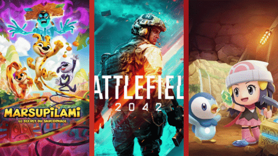 Trois affiches de jeux vidéo : Marsupilami, Battlefield 2042 et un jeu d'aventure