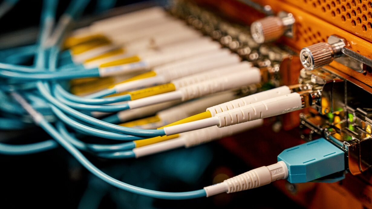 Câbles réseau connectés à un panneau de serveur