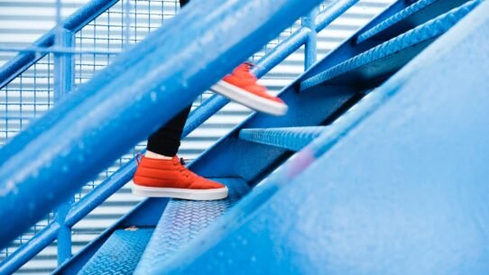 Personne montant un escalier bleu avec des baskets rouges