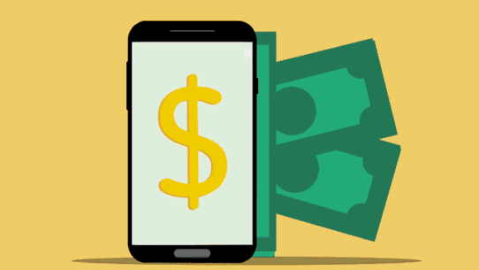 Smartphone avec symbole dollar et billets