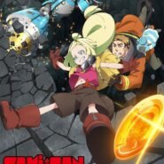 Personnages de Sakugan fuyant un robot dans une scène d'action