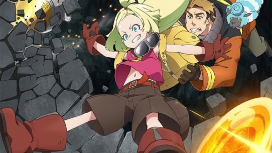 Personnages de Sakugan fuyant un robot dans une scène d'action