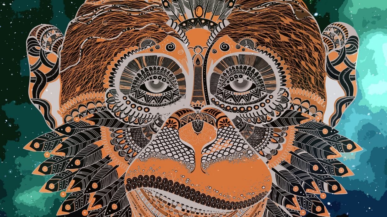 Illustration complexe d'un visage de singe avec des motifs abstraits
