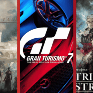 Affiche de trois jeux vidéo : Babylon's Fall, Gran Turismo 7, Triangle Strategy