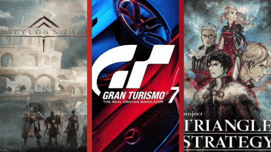 Affiche de trois jeux vidéo : Babylon's Fall, Gran Turismo 7, Triangle Strategy