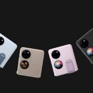 Quatre smartphones pliables avec écran circulaire sur fond noir