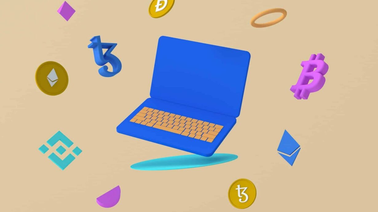 Ordinateur bleu entouré de symboles de cryptomonnaies