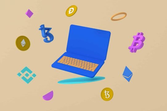 Ordinateur bleu entouré de symboles de cryptomonnaies