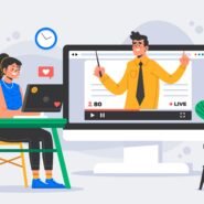 Femme suivant un cours en ligne avec un professeur à l'écran