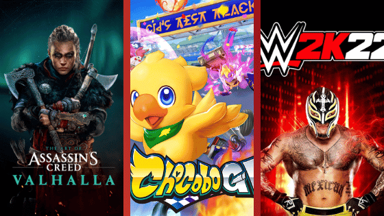 Couvertures de trois jeux vidéo : Assassin's Creed, Chocobo GP, WWE 2K22