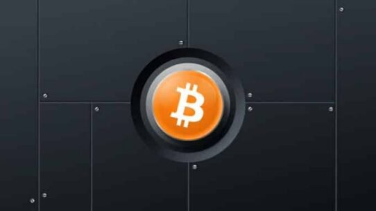Symbole Bitcoin orange sur fond noir moderne