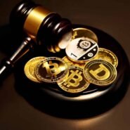 Un marteau de justice et des cryptomonnaies sur une table