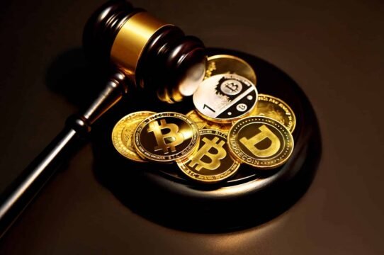 Un marteau de justice et des cryptomonnaies sur une table