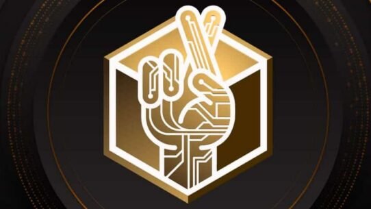 Main en signe de paix avec un design technologique