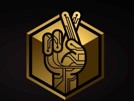 Main avec circuits imprimés dans un hexagone doré