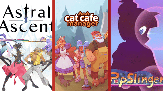 Trois affiches de jeux vidéo : Astral Ascent, Cat Cafe Manager, PopSlinger