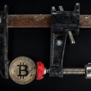 Pièce de Bitcoin serrée dans un étau en métal
