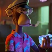 Singe animé portant une chemise hawaïenne et tenant une bouteille lumineuse