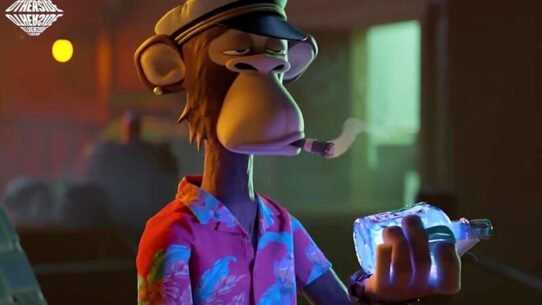 Singe animé portant une chemise hawaïenne et tenant une bouteille lumineuse