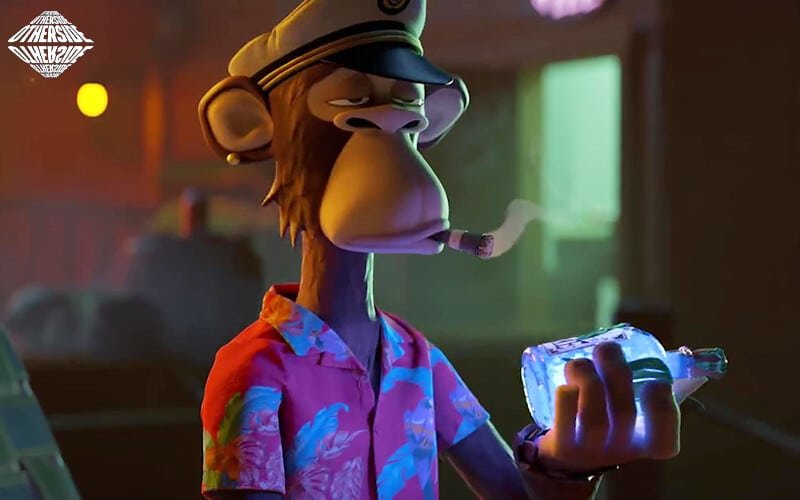 Singe animé portant une chemise hawaïenne et tenant une bouteille lumineuse