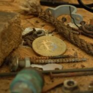 Pièce de Bitcoin entourée de divers outils sur un établi