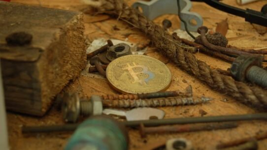 Pièce de Bitcoin entourée de divers outils sur un établi
