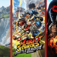 Trois affiches de jeux vidéo : un chevalier, Mario Strikers et The Quarry
