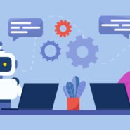 Robot et humain travaillant ensemble sur des ordinateurs