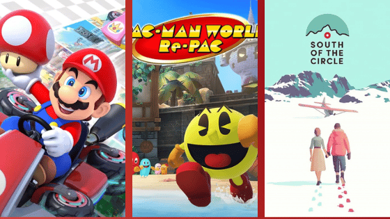 Trois jeux vidéo : Mario Kart, Pac-Man World, South of the Circle