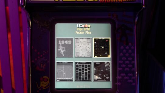 Borne d'arcade rétro avec écran affichant des jeux classiques