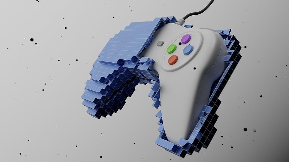 Manette de jeu en 3D avec des éléments pixélisés