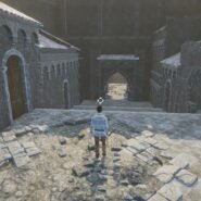 Personnage dans un jeu vidéo explorant un château médiéval en ruines