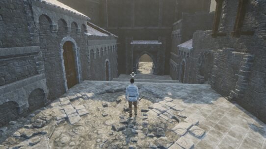 Personnage dans un jeu vidéo explorant un château médiéval en ruines