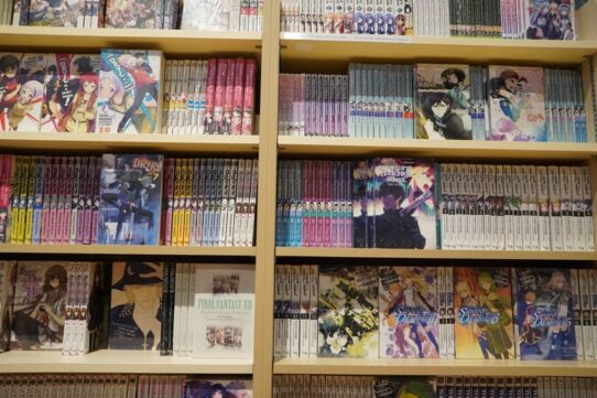 Rayonnages de mangas variés dans une librairie