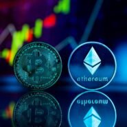 Pièces Bitcoin et Ethereum avec graphique en arrière-plan