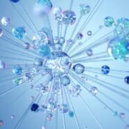 Particules lumineuses s'éloignant d'un point central sur fond bleu