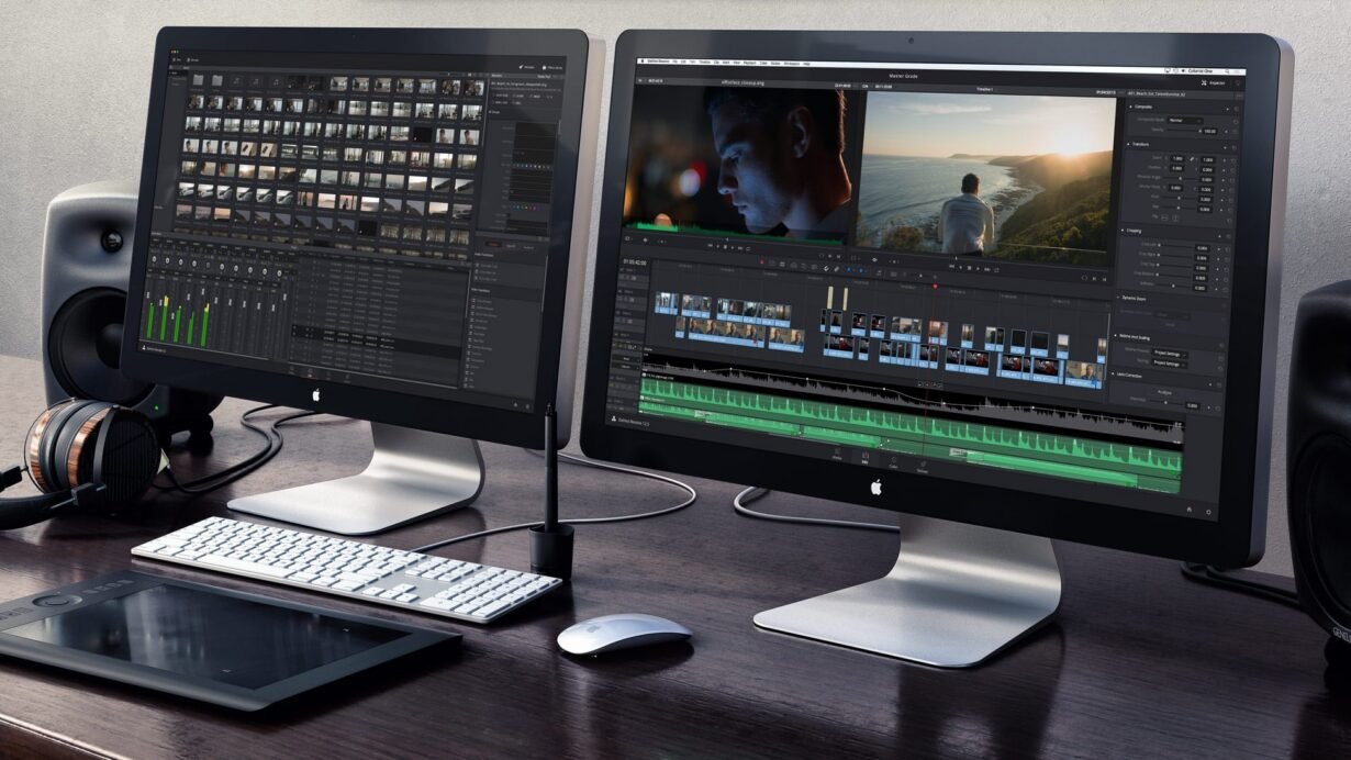 Deux écrans affichant un logiciel de montage vidéo sur un bureau