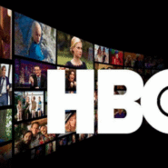Logo de HBO avec un mur de séries populaires en arrière-plan