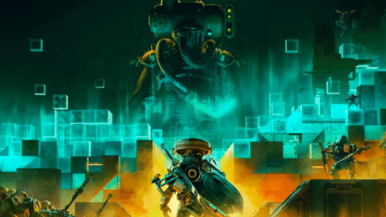 Personnage futuriste face à un géant technologique dans un décor numérique