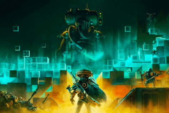 Personnage futuriste face à un géant technologique dans un décor numérique