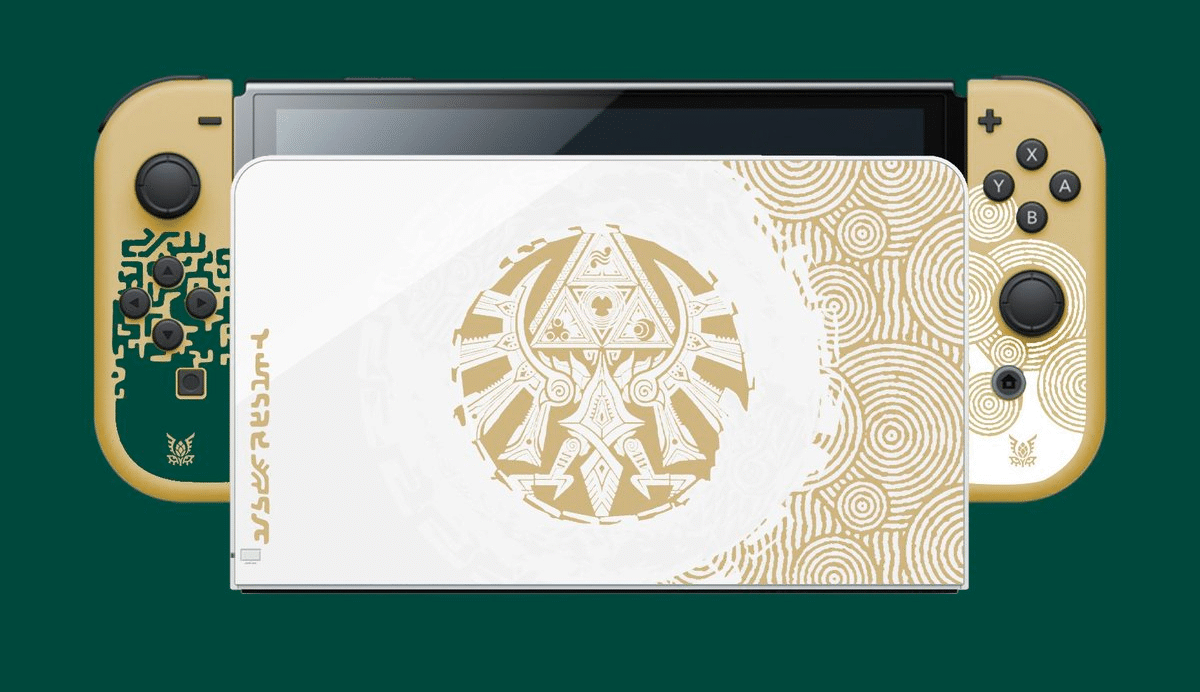 Console de jeu avec motifs dorés sur fond vert