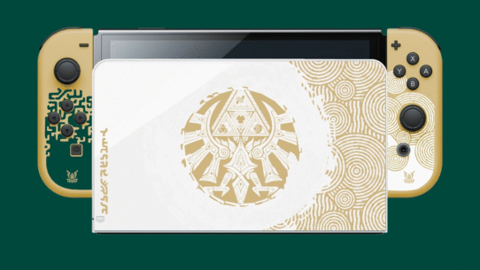 Console de jeu avec motifs dorés sur fond vert