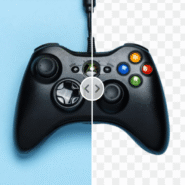 Manette de jeu sur fond bleu et transparent divisée en deux