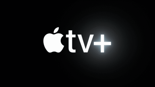 Logo Apple TV+ en blanc sur fond noir