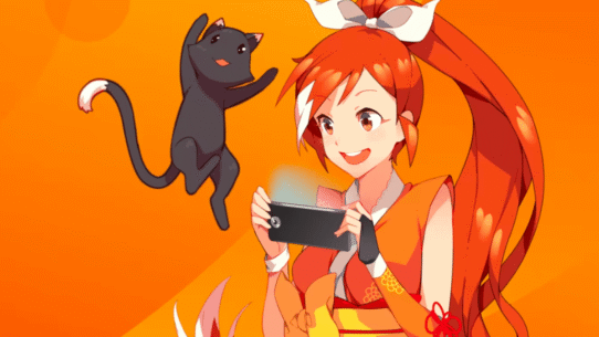 Personnage animé avec un smartphone et un chat noir sur fond orange